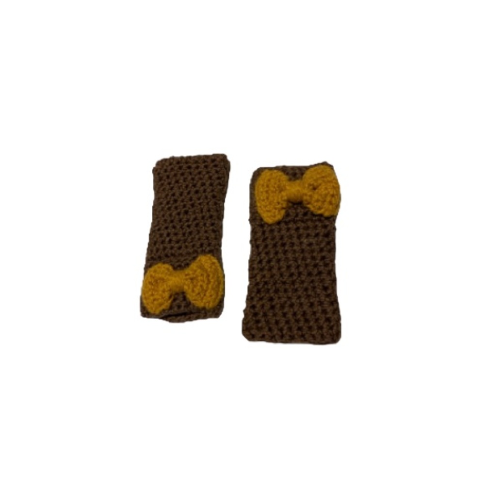 Handmade Knit Brown and Mustard Yellow Fingerless Gloves with Bows